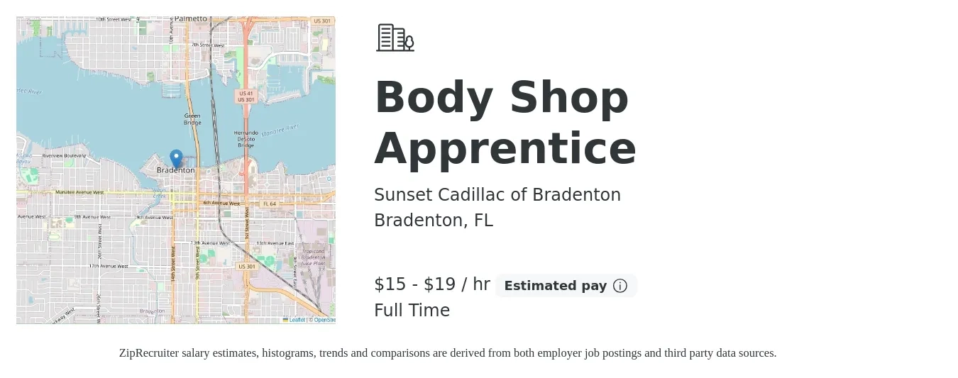 Sunset Cadillac of Bradenton job posting for a Body Shop Apprentice in Bradenton, FL with a salary of $16 to $20 Hourly with a map of Bradenton location.