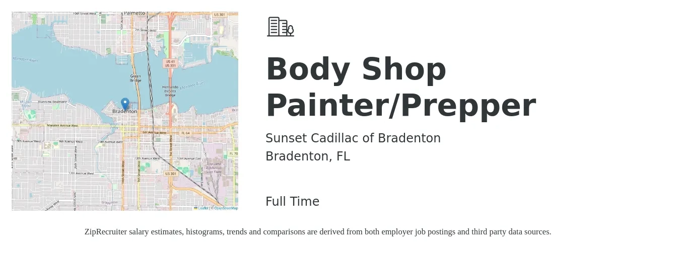 Sunset Cadillac of Bradenton job posting for a Body Shop Painter/Prepper in Bradenton, FL with a salary of $15 to $18 Hourly with a map of Bradenton location.