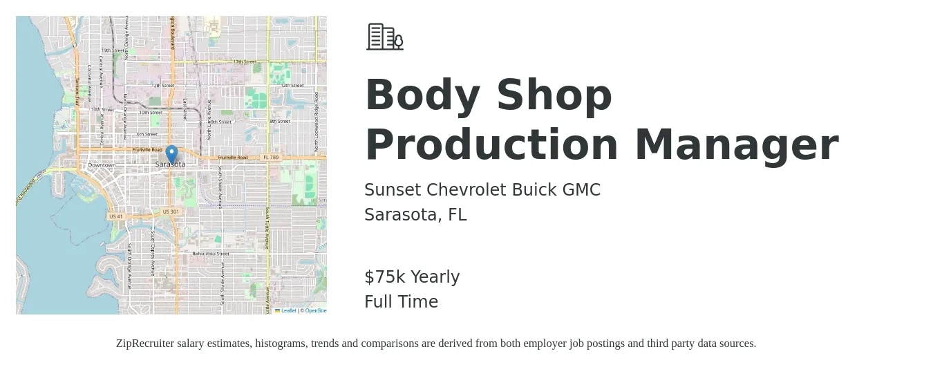 Sunset Chevrolet Buick GMC job posting for a Body Shop Production Manager in Sarasota, FL with a salary of $70,000 to $75,000 Yearly with a map of Sarasota location.