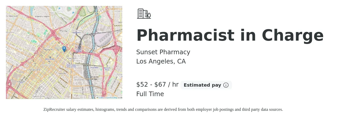 Sunset Pharmacy job posting for a Pharmacist in Charge in Los Angeles, CA with a salary of $55 to $70 Hourly with a map of Los Angeles location.