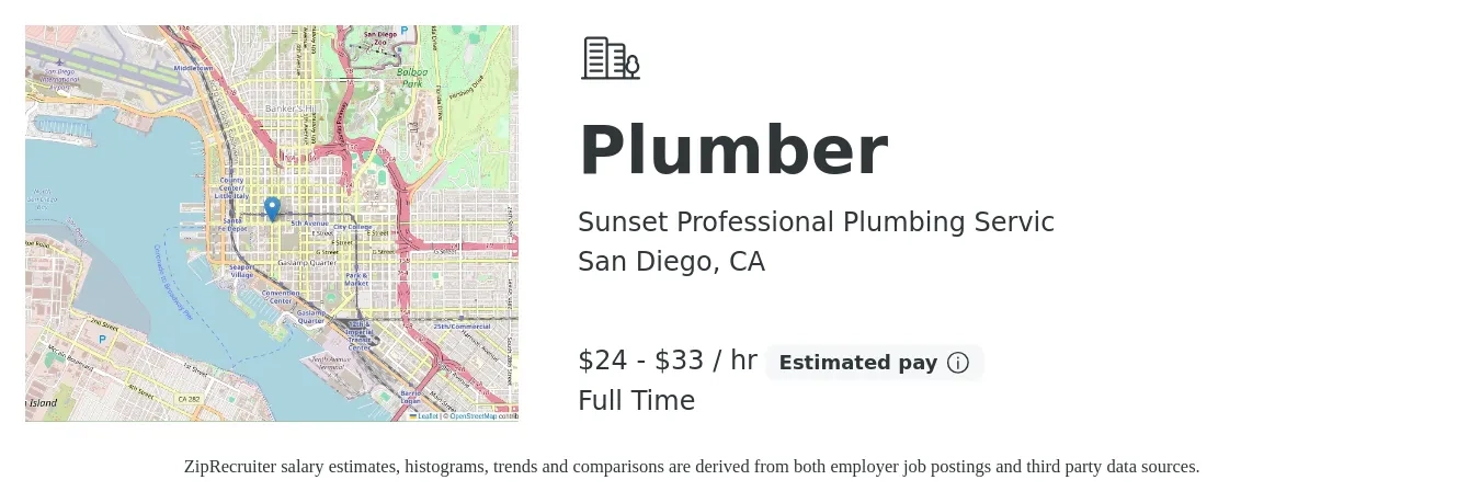 Sunset Professional Plumbing Servic job posting for a Plumber in San Diego, CA with a salary of $25 to $35 Hourly with a map of San Diego location.