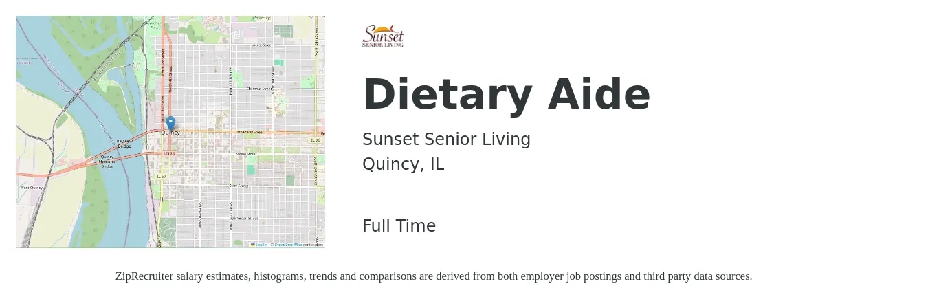 Sunset Senior Living job posting for a Dietary Aide in Quincy, IL with a salary of $14 to $17 Hourly with a map of Quincy location.