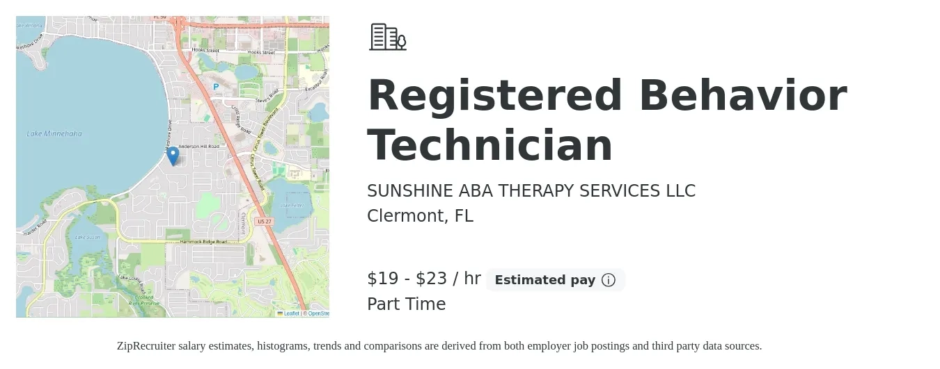 SUNSHINE ABA THERAPY SERVICES LLC job posting for a Registered Behavior Technician in Clermont, FL with a salary of $20 to $24 Hourly with a map of Clermont location.