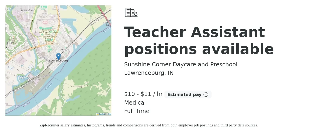Sunshine Corner Daycare and Preschool job posting for a Teacher Assistant positions available in Lawrenceburg, IN with a salary of $11 to $12 Hourly and benefits including medical with a map of Lawrenceburg location.