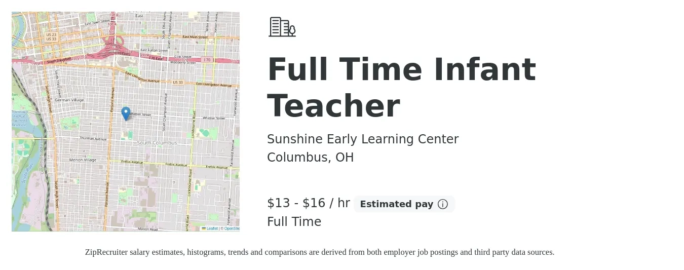 Sunshine Early Learning Center job posting for a Full Time Infant Teacher in Columbus, OH with a salary of $14 to $17 Hourly with a map of Columbus location.