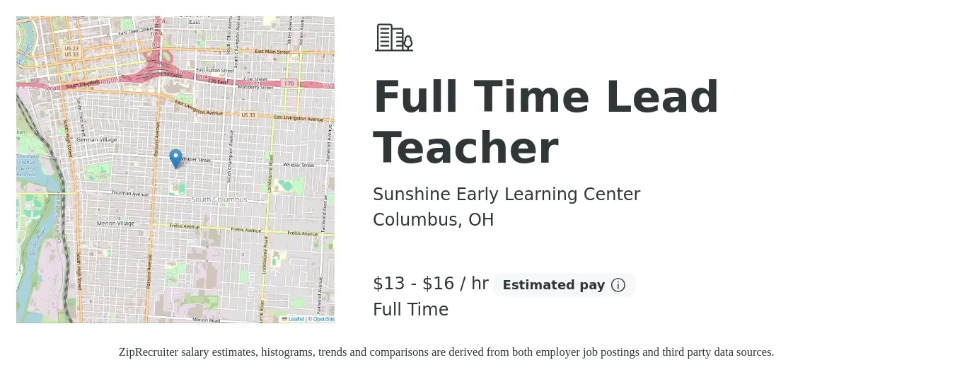 Sunshine Early Learning Center job posting for a Full Time Lead Teacher in Columbus, OH with a salary of $14 to $17 Hourly with a map of Columbus location.
