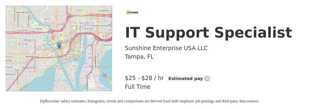 Sunshine Enterprise USA LLC job posting for a IT Support Specialist in Tampa, FL with a salary of $27 to $30 Hourly with a map of Tampa location.