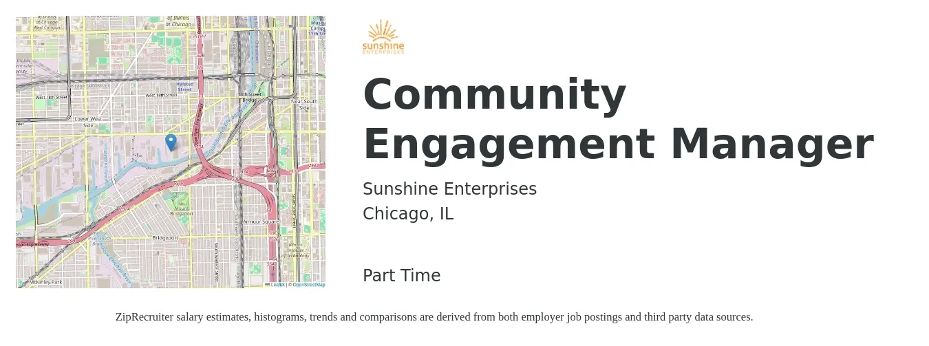 Sunshine Enterprises job posting for a Community Engagement Manager in Chicago, IL with a salary of $53,600 to $88,700 Yearly with a map of Chicago location.
