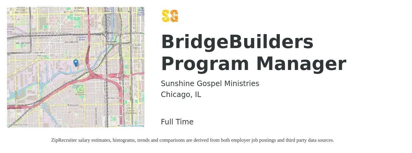 Sunshine Gospel Ministries job posting for a BridgeBuilders Program Manager in Chicago, IL with a salary of $50,000 Yearly with a map of Chicago location.