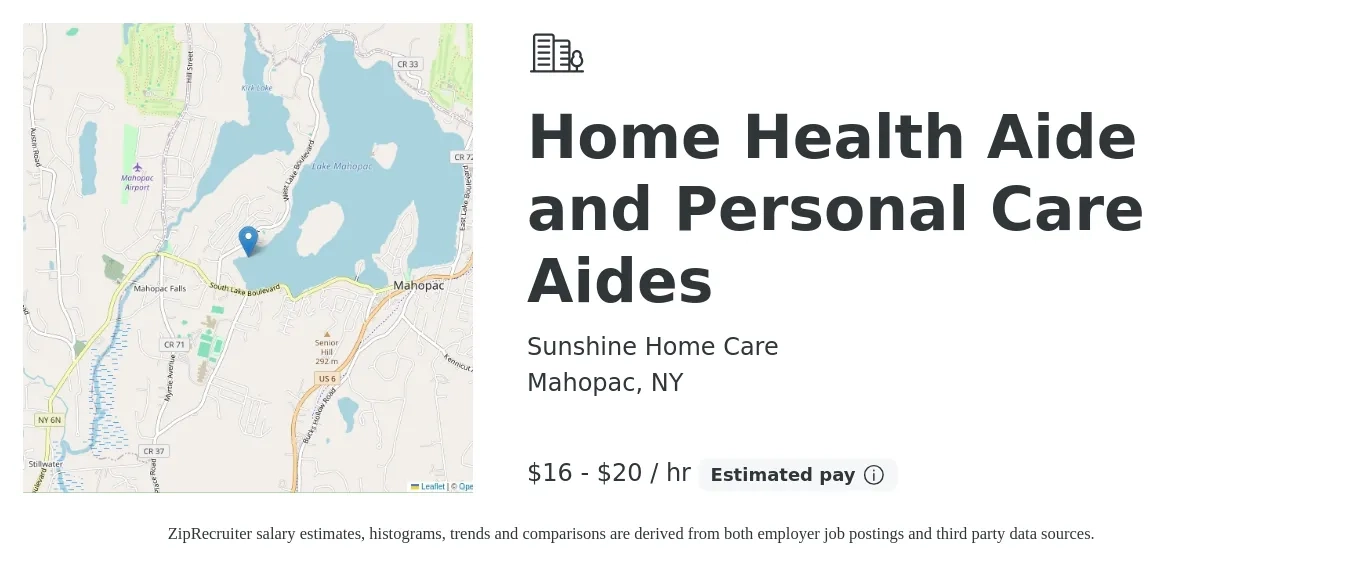 Sunshine Home Care job posting for a Home Health Aide and Personal Care Aides in Mahopac, NY with a salary of $18 to $21 Hourly with a map of Mahopac location.