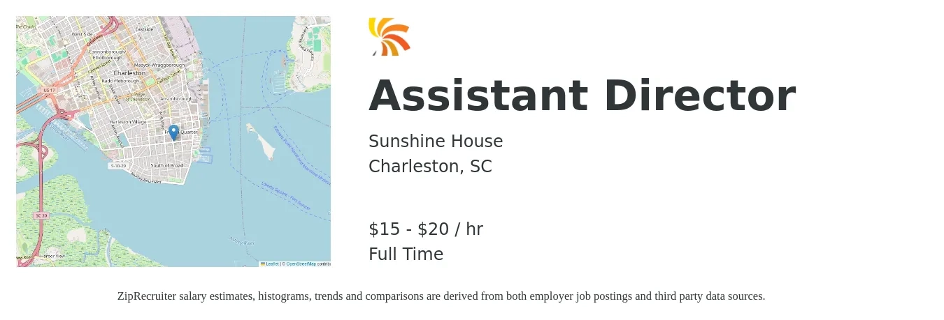 Sunshine House job posting for a Assistant Director in Charleston, SC with a salary of $16 to $21 Hourly with a map of Charleston location.