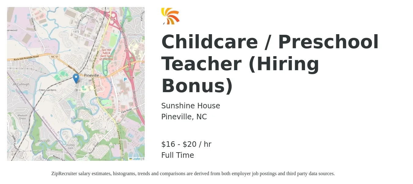Sunshine House job posting for a Childcare / Preschool Teacher (Hiring Bonus) in Pineville, NC with a salary of $17 to $21 Hourly with a map of Pineville location.