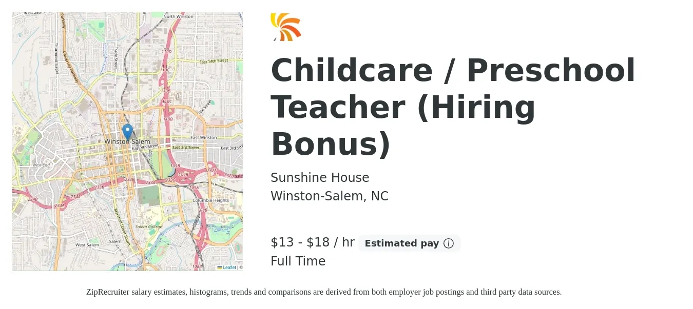 Sunshine House job posting for a Childcare / Preschool Teacher (Hiring Bonus) in Winston-Salem, NC with a salary of $14 to $19 Hourly with a map of Winston-Salem location.
