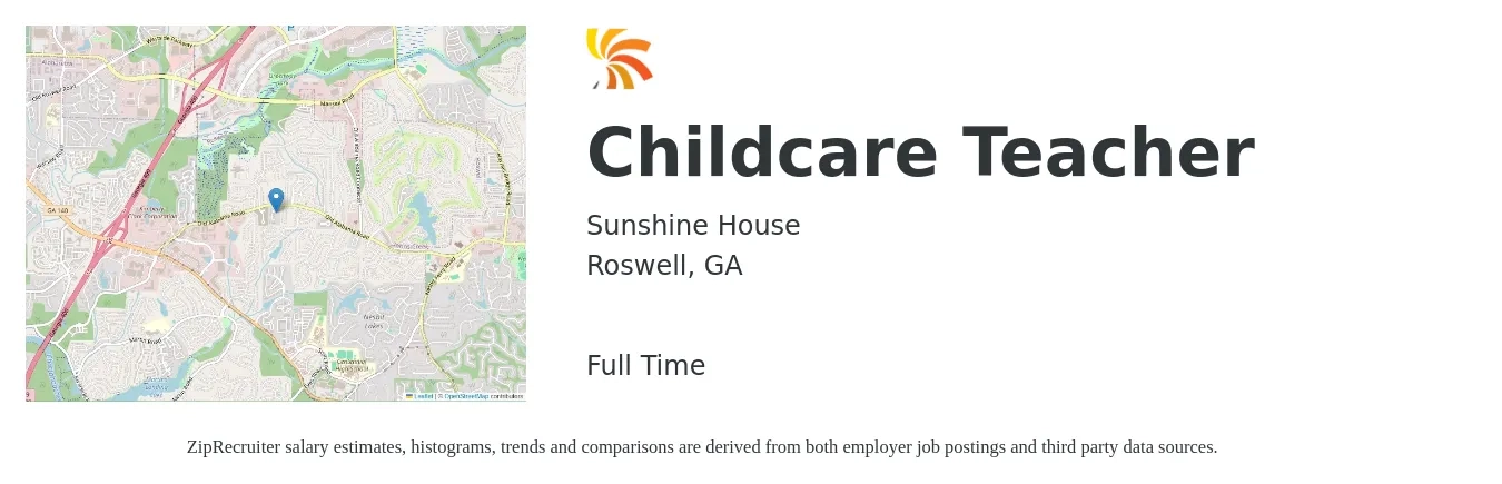 Sunshine House job posting for a Childcare Teacher in Roswell, GA with a salary of $13 to $20 Hourly with a map of Roswell location.