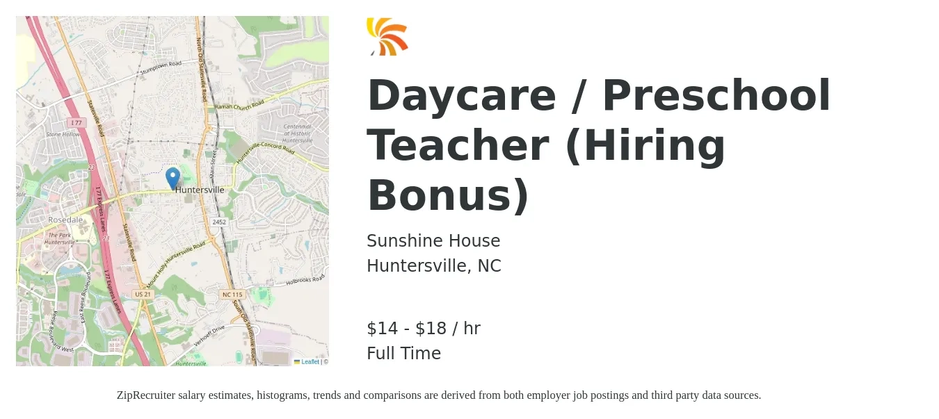 Sunshine House job posting for a Daycare / Preschool Teacher (Hiring Bonus) in Huntersville, NC with a salary of $15 to $19 Hourly with a map of Huntersville location.