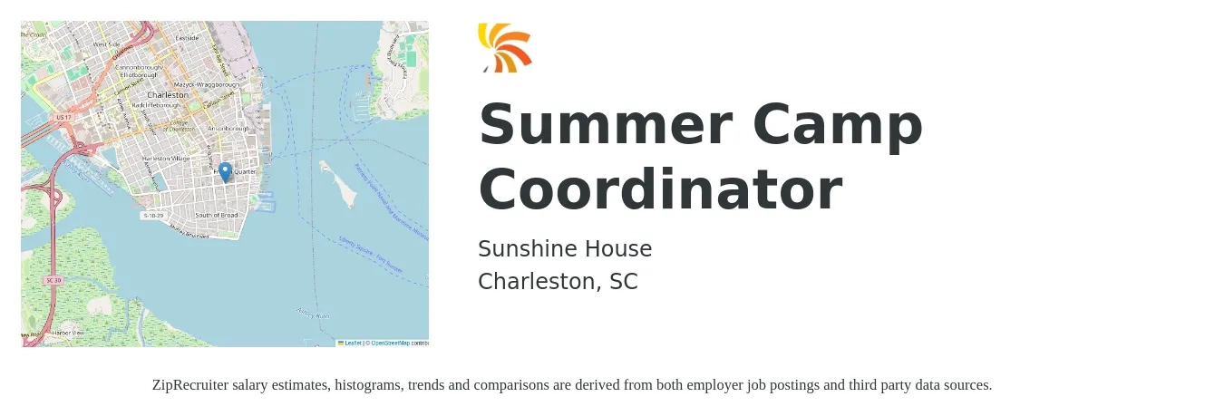 Sunshine House job posting for a Summer Camp Coordinator in Charleston, SC with a salary of $15 to $20 Hourly with a map of Charleston location.