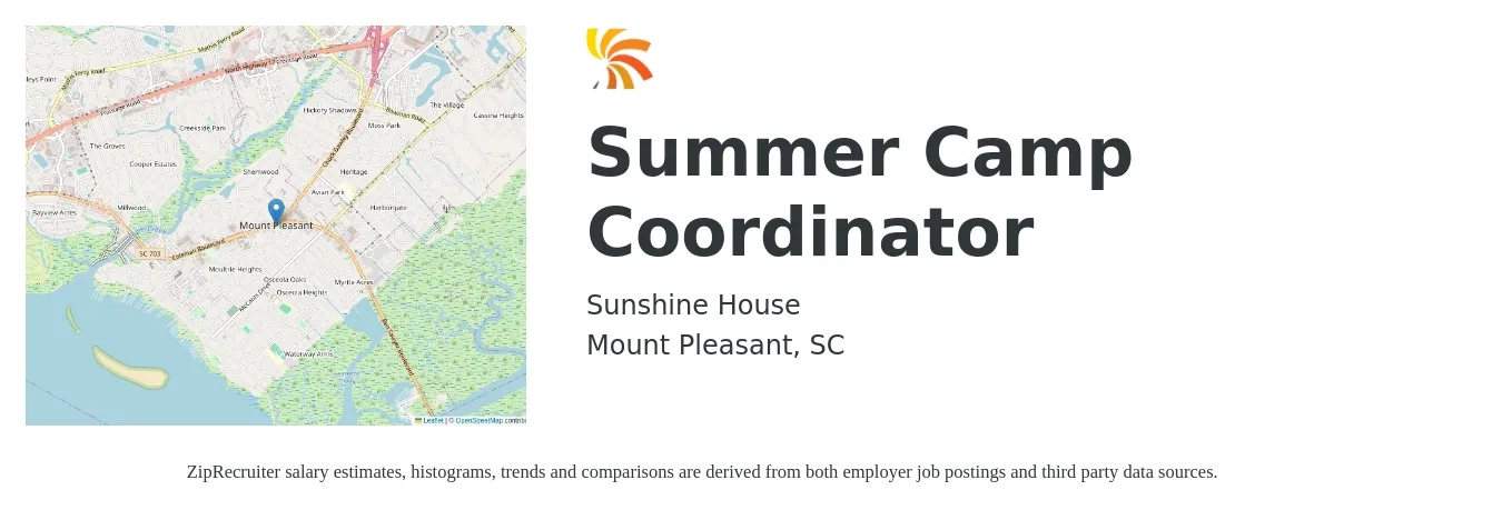Sunshine House job posting for a Summer Camp Coordinator in Mount Pleasant, SC with a salary of $16 to $20 Hourly with a map of Mount Pleasant location.
