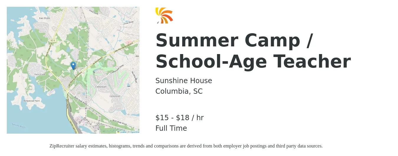 Sunshine House job posting for a Summer Camp / School-Age Teacher in Columbia, SC with a salary of $16 to $19 Hourly with a map of Columbia location.