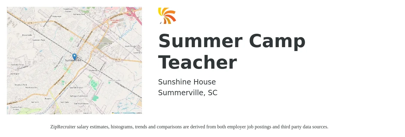 Sunshine House job posting for a Summer Camp Teacher in Summerville, SC with a salary of $15 to $20 Hourly with a map of Summerville location.