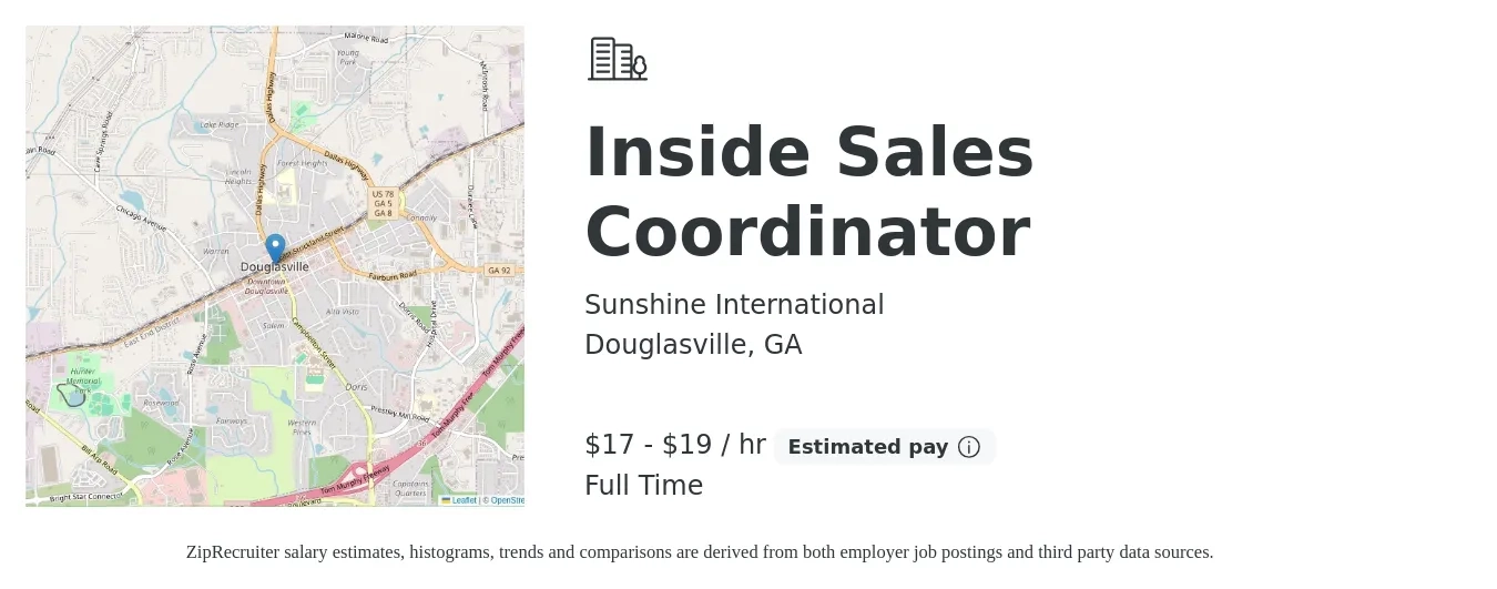 Sunshine International job posting for a Inside Sales Coordinator in Douglasville, GA with a salary of $18 to $20 Hourly with a map of Douglasville location.