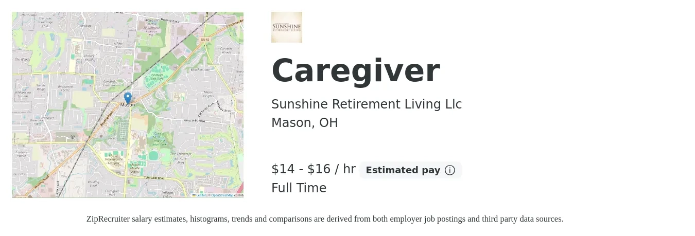 Sunshine Retirement Living Llc job posting for a Caregiver in Mason, OH with a salary of $15 to $17 Hourly with a map of Mason location.