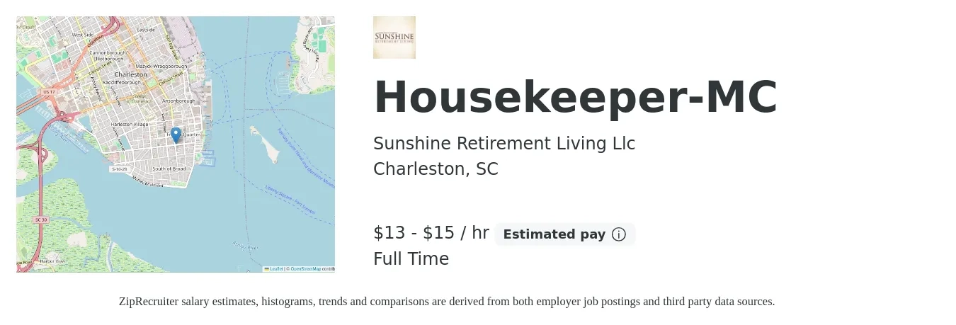 Sunshine Retirement Living Llc job posting for a Housekeeper-MC in Charleston, SC with a salary of $12 to $16 Hourly with a map of Charleston location.