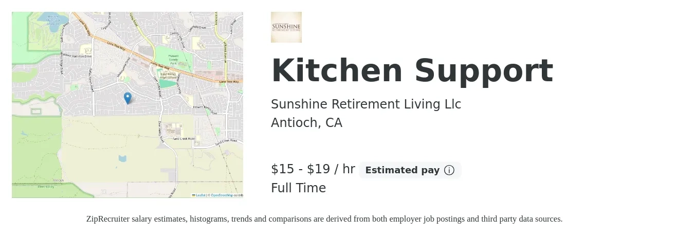 Sunshine Retirement Living Llc job posting for a Kitchen Support in Antioch, CA with a salary of $16 to $20 Hourly with a map of Antioch location.