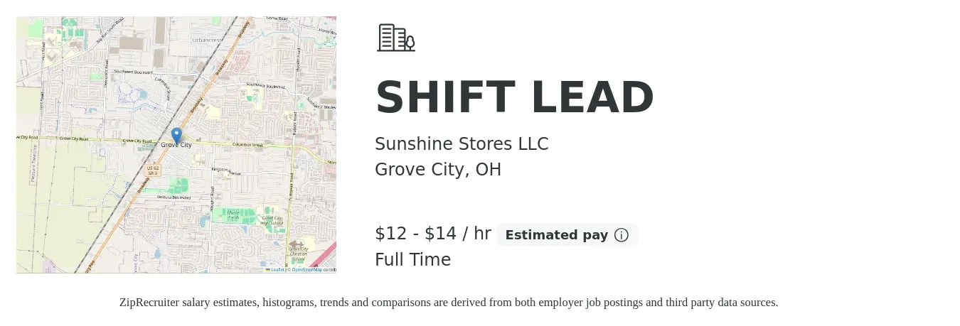 Sunshine Stores LLC job posting for a SHIFT LEAD in Grove City, OH with a salary of $13 to $15 Hourly with a map of Grove City location.