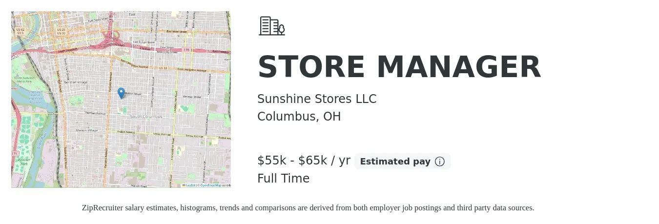 Sunshine Stores LLC job posting for a STORE MANAGER in Columbus, OH with a salary of $55,000 to $65,000 Yearly with a map of Columbus location.