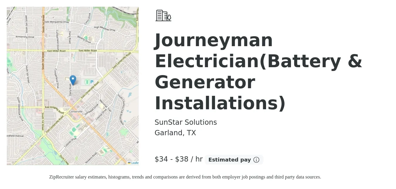 SunStar Solutions job posting for a Journeyman Electrician(Battery & Generator Installations) in Garland, TX with a salary of $24 to $33 Hourly with a map of Garland location.