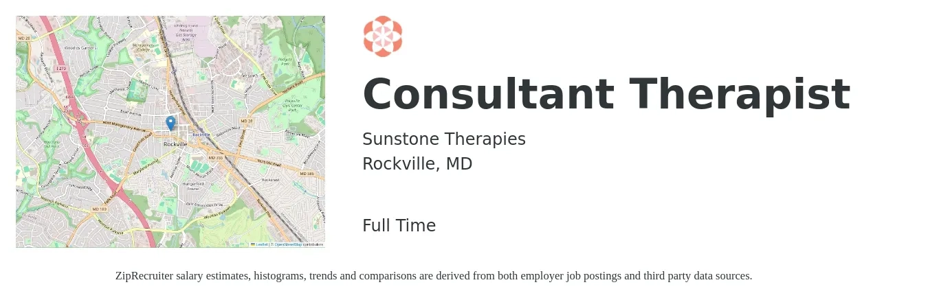 Sunstone Therapies job posting for a Consultant Therapist in Rockville, MD with a salary of $120 Hourly with a map of Rockville location.