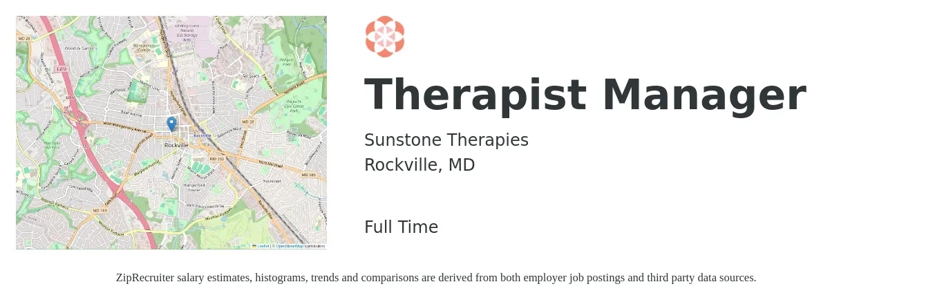 Sunstone Therapies job posting for a Therapist Manager in Rockville, MD with a salary of $42,800 to $69,800 Yearly with a map of Rockville location.