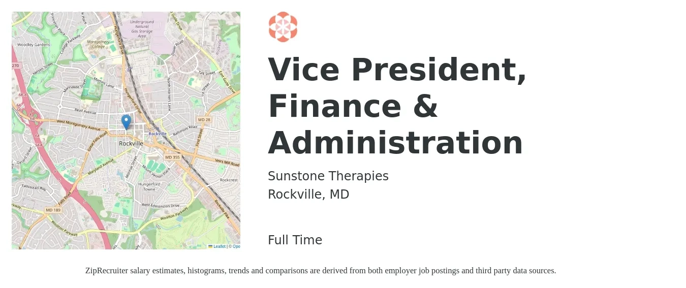 Sunstone Therapies job posting for a Vice President, Finance & Administration in Rockville, MD with a salary of $139,100 to $202,300 Yearly with a map of Rockville location.