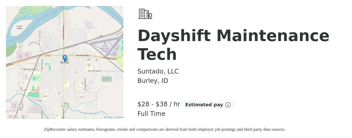 Suntado, LLC job posting for a Dayshift Maintenance Tech in Burley, ID with a salary of $30 to $40 Hourly with a map of Burley location.