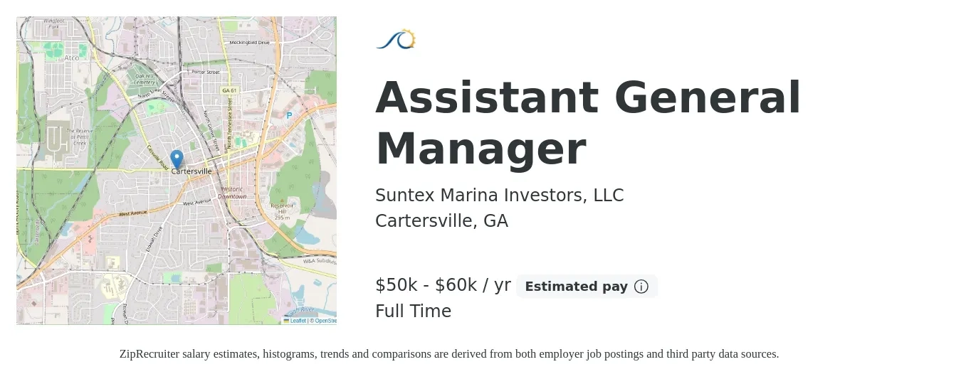 Suntex Marina Investors, LLC job posting for a Assistant General Manager in Cartersville, GA with a salary of $50,000 to $60,000 Yearly with a map of Cartersville location.