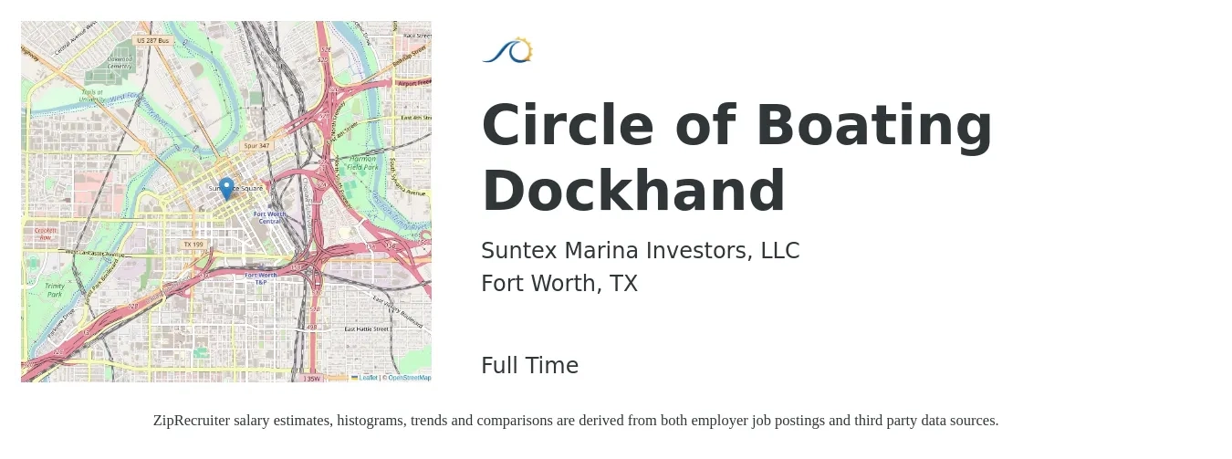 Suntex Marina Investors, LLC job posting for a Circle of Boating Dockhand in Fort Worth, TX with a salary of $14 to $22 Hourly with a map of Fort Worth location.