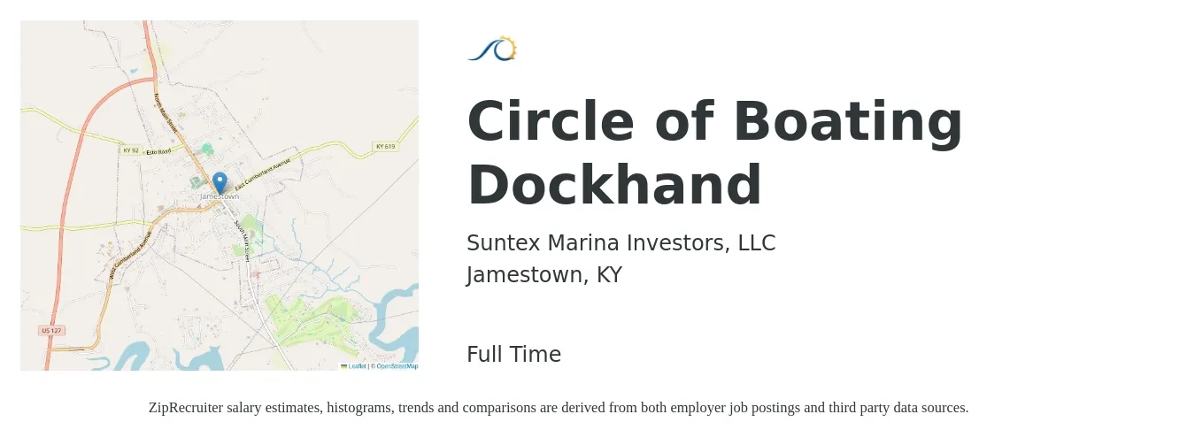 Suntex Marina Investors, LLC job posting for a Circle of Boating Dockhand in Jamestown, KY with a salary of $12 to $19 Hourly with a map of Jamestown location.