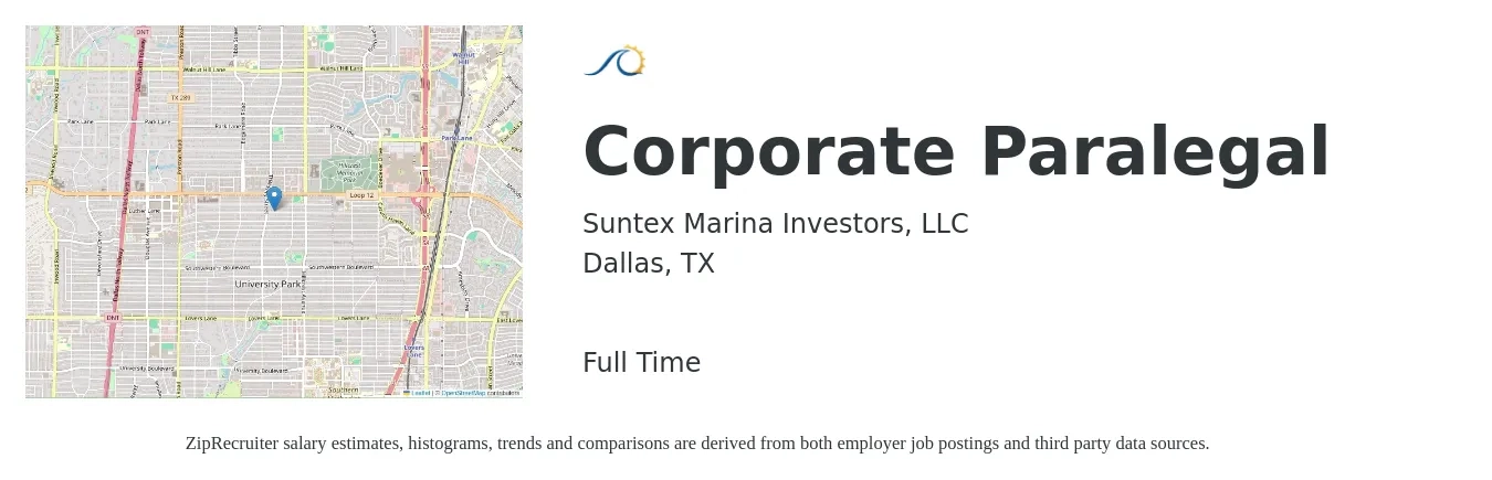 Suntex Marina Investors, LLC job posting for a Corporate Paralegal in Dallas, TX with a salary of $66,700 to $89,300 Yearly with a map of Dallas location.