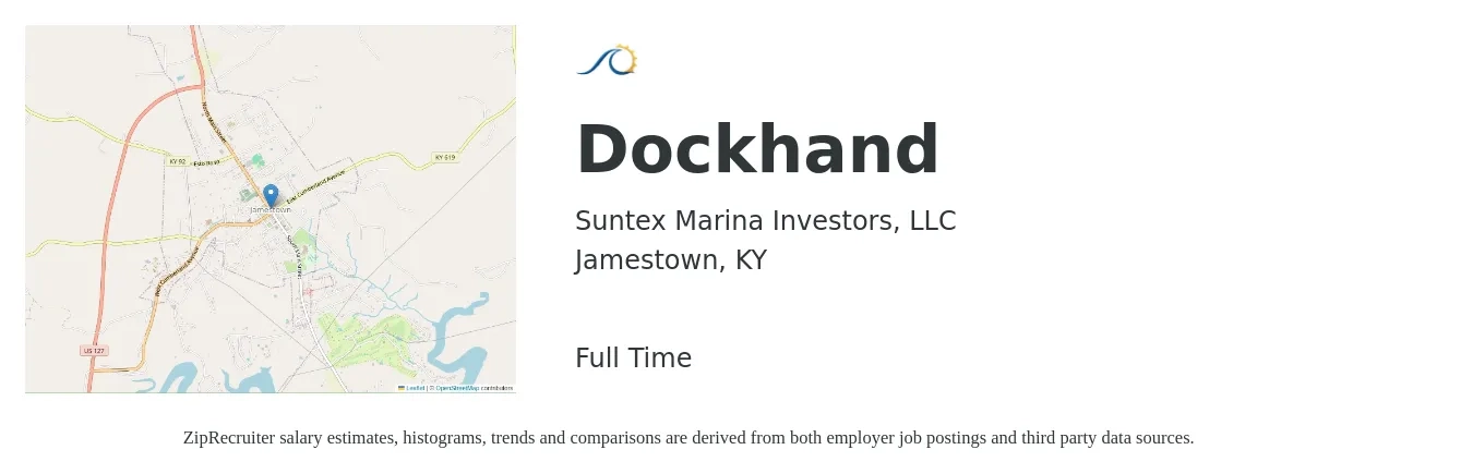 Suntex Marina Investors, LLC job posting for a Dockhand in Jamestown, KY with a salary of $12 to $19 Hourly with a map of Jamestown location.