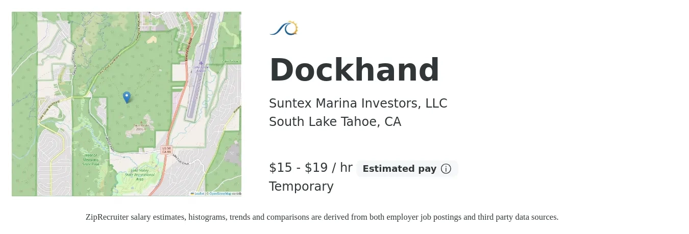 Suntex Marina Investors, LLC job posting for a Dockhand in South Lake Tahoe, CA with a salary of $16 to $20 Hourly with a map of South Lake Tahoe location.