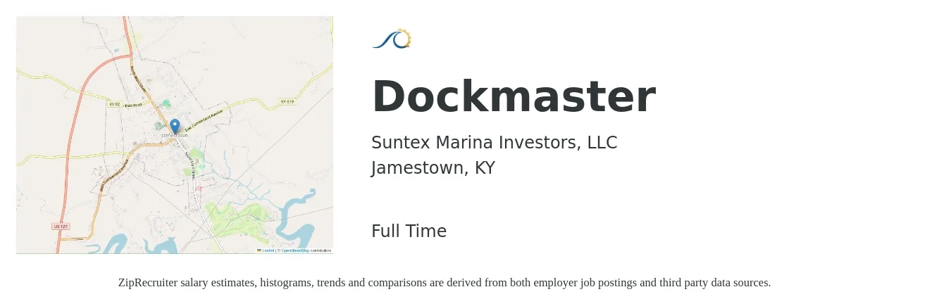 Suntex Marina Investors, LLC job posting for a Dockmaster in Jamestown, KY with a salary of $14 to $22 Hourly with a map of Jamestown location.