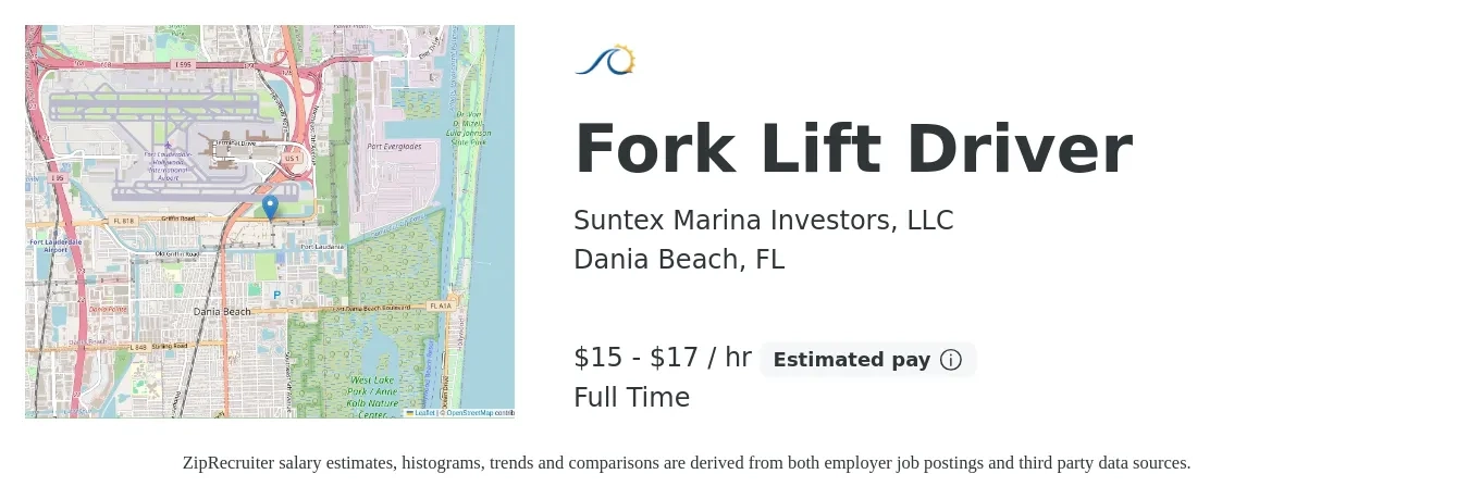 Suntex Marina Investors, LLC job posting for a Fork Lift Driver in Dania Beach, FL with a salary of $16 to $18 Hourly with a map of Dania Beach location.