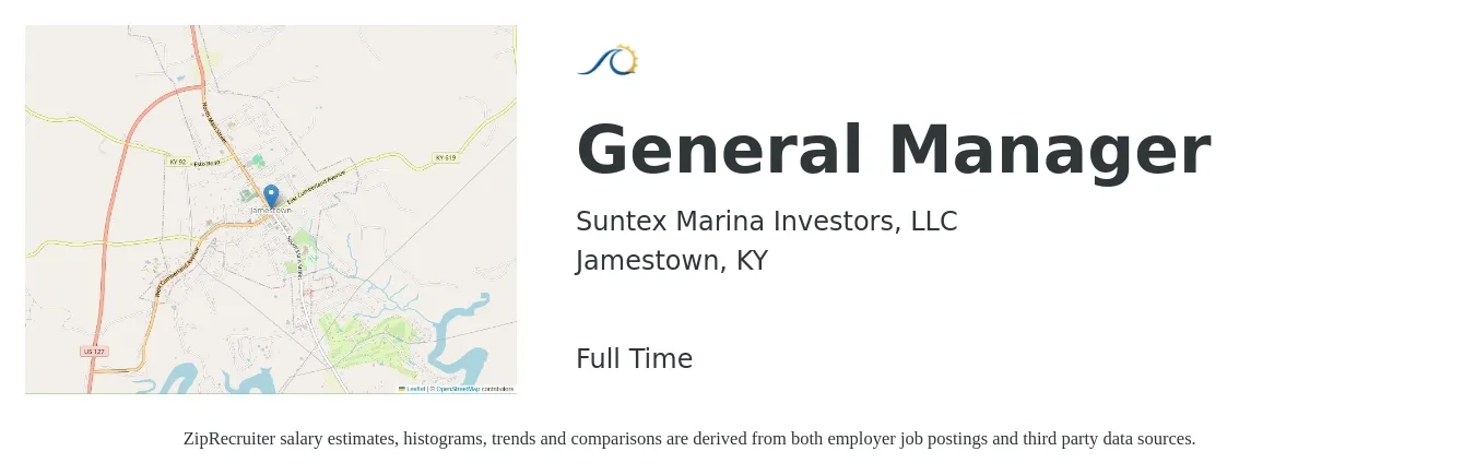 Suntex Marina Investors, LLC job posting for a General Manager in Jamestown, KY with a salary of $41,600 to $62,200 Yearly with a map of Jamestown location.