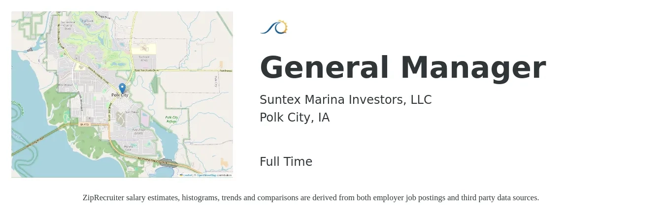 Suntex Marina Investors, LLC job posting for a General Manager in Polk City, IA with a salary of $45,500 to $68,000 Yearly with a map of Polk City location.