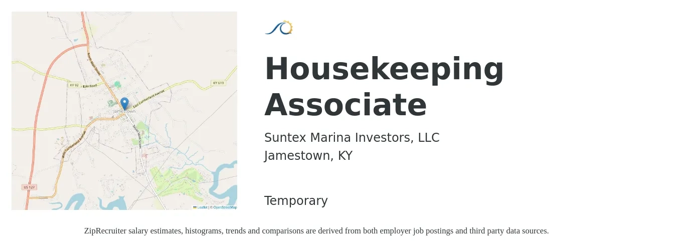 Suntex Marina Investors, LLC job posting for a Housekeeping Associate in Jamestown, KY with a salary of $12 to $15 Hourly with a map of Jamestown location.