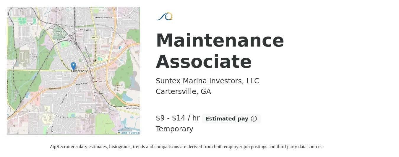 Suntex Marina Investors, LLC job posting for a Maintenance Associate in Cartersville, GA with a salary of $10 to $15 Hourly with a map of Cartersville location.