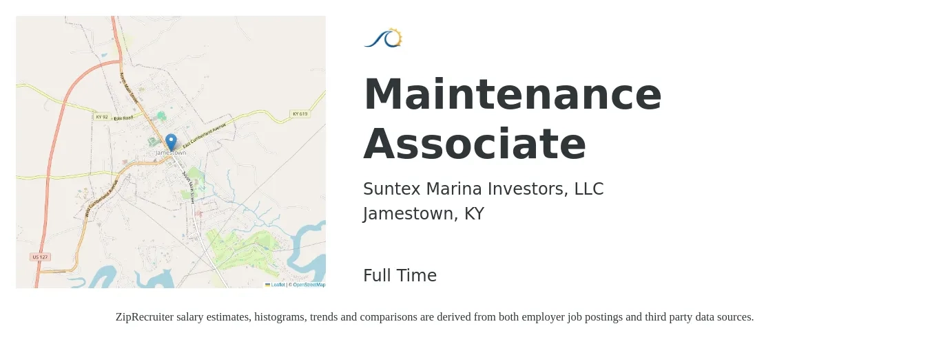 Suntex Marina Investors, LLC job posting for a Maintenance Associate in Jamestown, KY with a salary of $14 to $18 Hourly with a map of Jamestown location.