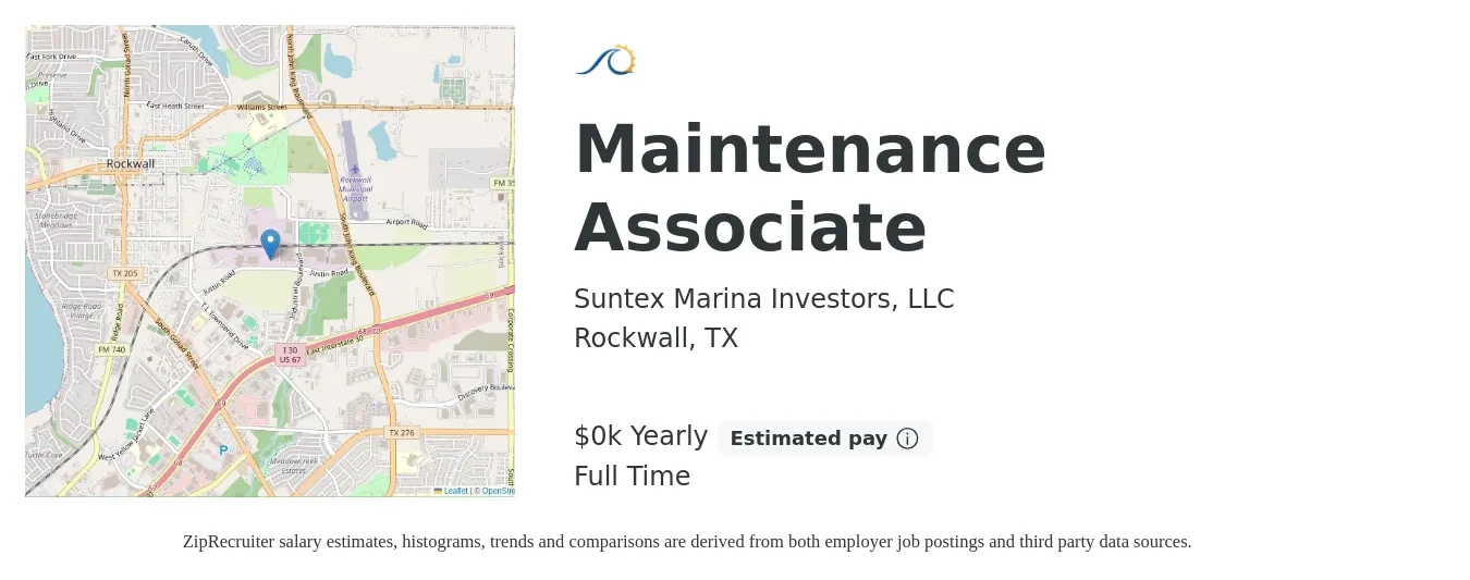 Suntex Marina Investors, LLC job posting for a Maintenance Associate in Rockwall, TX with a salary of $15 Yearly with a map of Rockwall location.