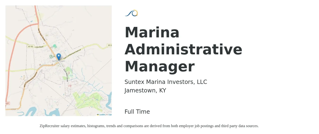 Suntex Marina Investors, LLC job posting for a Marina Administrative Manager in Jamestown, KY with a salary of $47,100 to $82,400 Yearly with a map of Jamestown location.