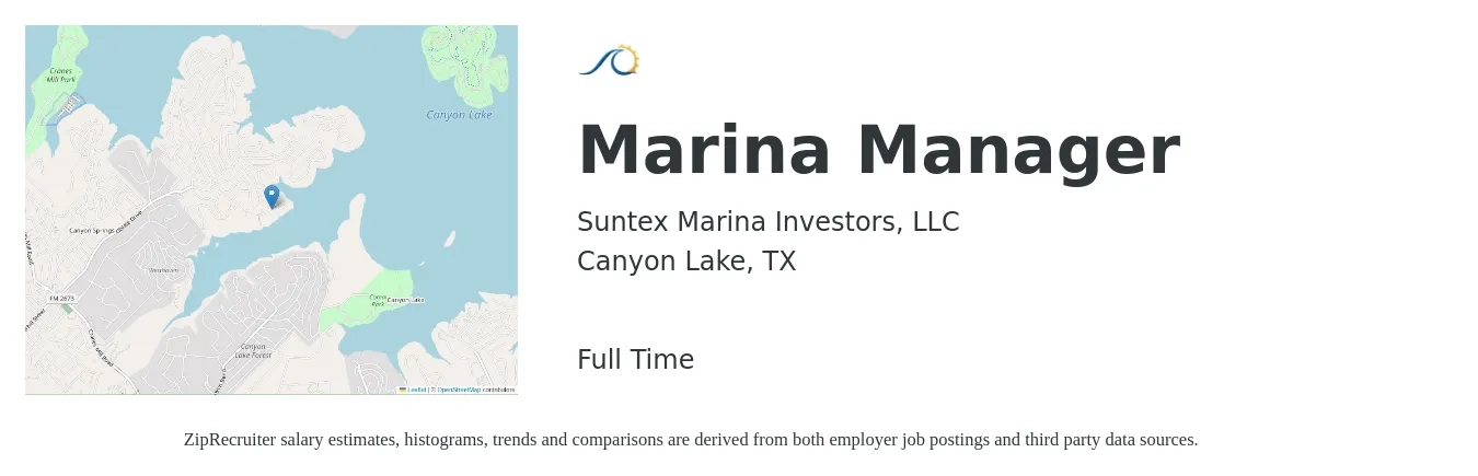 Suntex Marina Investors, LLC job posting for a Marina Manager in Canyon Lake, TX with a salary of $42,000 to $62,800 Yearly with a map of Canyon Lake location.